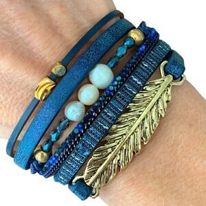Seascape Serenity Bracelet – Real Pearls, Navy Boho Cuff, Gold Leaf Charm